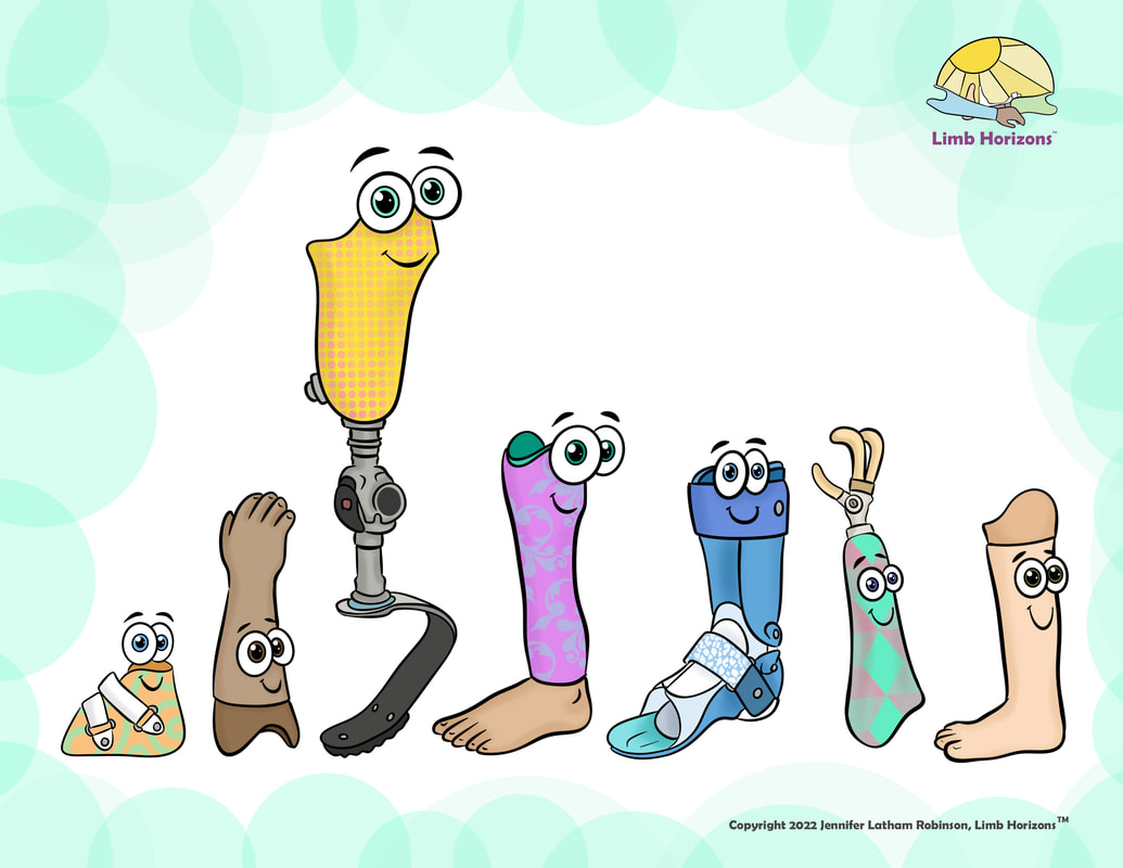 Full color illustration of prosthetic limbs and braces, illustrated by Jennifer Latham Robinson, Limb Horizons