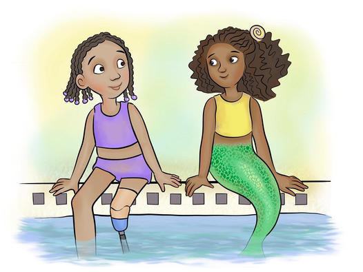 A child swimming with a prosthetic leg, illustrated by Jennifer Latham Robinson, Limb Horizons 
