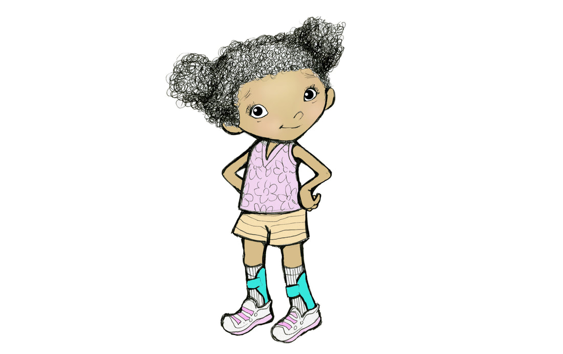 A child with bilateral ankle foot orthoses, illustrated by Jennifer Latham Robinson, Limb Horizons 