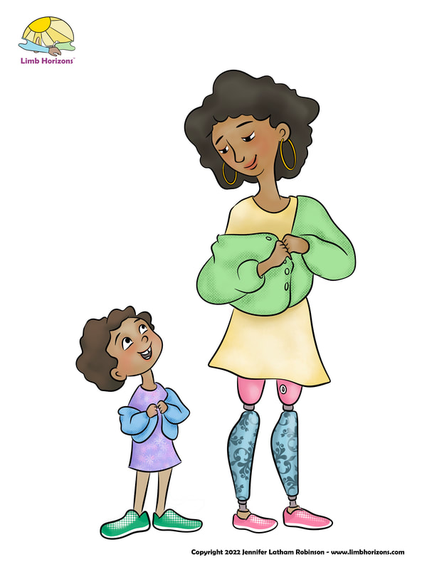 Full color illustration of mom wearing bilateral above knee prostheses with C-Leg microprocessor knees
