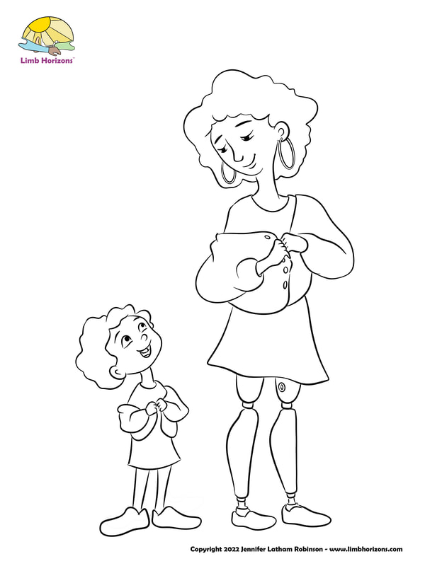 Black and white illustration of mom wearing bilateral above knee prostheses with C-Leg microprocessor knees