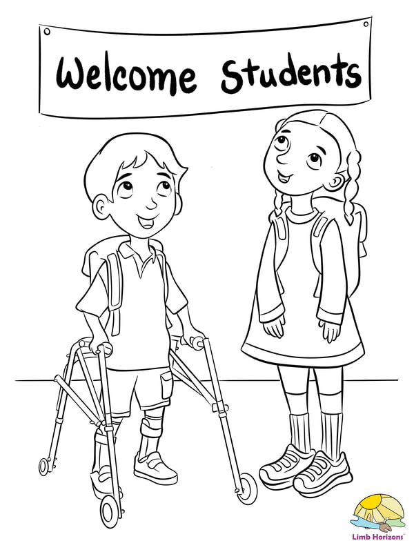 Black and white illustration of boy using bilateral ankle foot orthoses AFOs and a walker, illustrated by Jennifer Latham Robinson, Limb Horizons