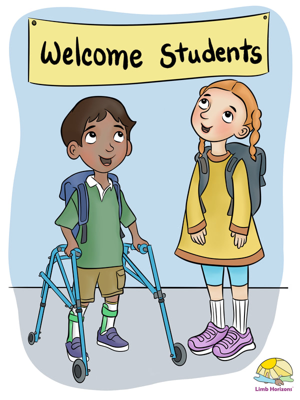 Full color illustration of boy using bilateral ankle foot orthoses AFOs and a walker, illustrated by Jennifer Latham Robinson, Limb Horizons